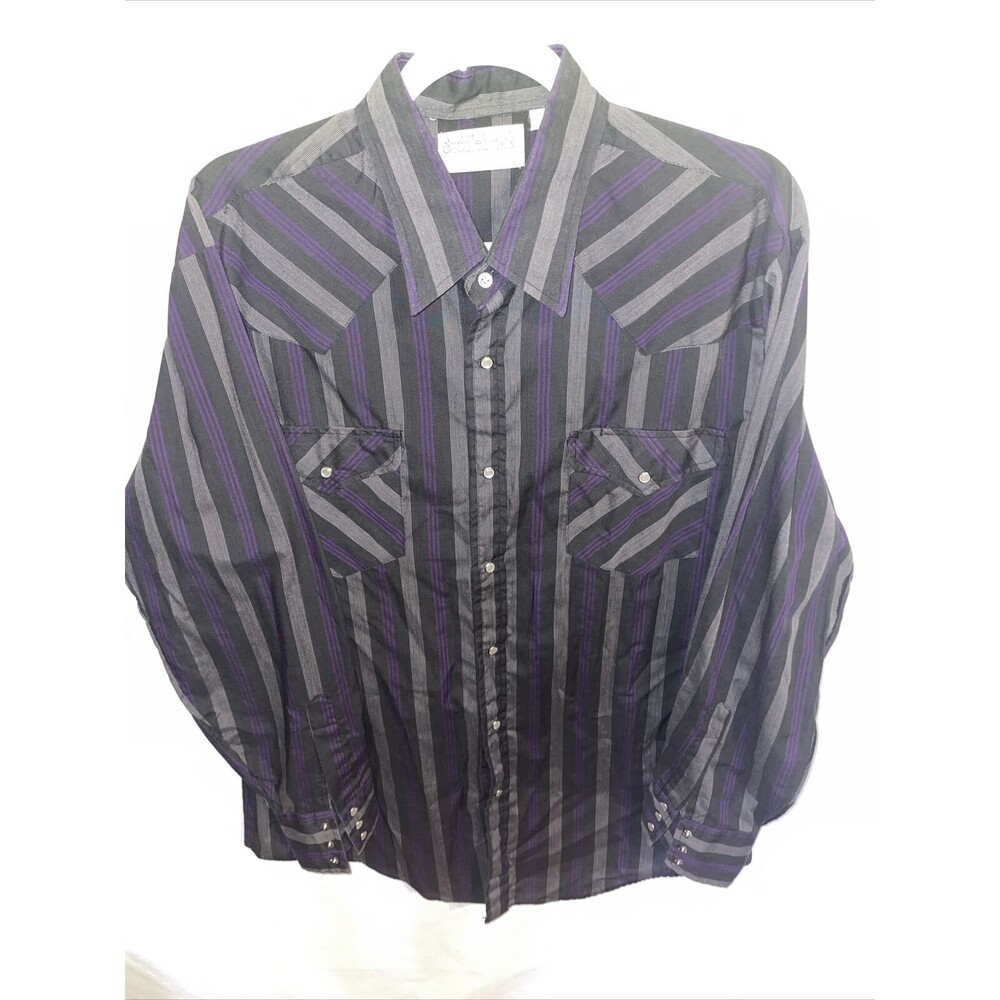 Saddlebrook Men’s Western Shirt Sz Large Black Purple Striped Cowboy Pearl Snaps